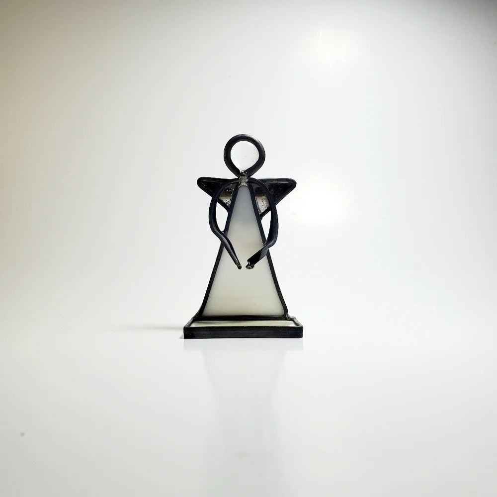 Stained Glass Guardian Angel White Candle | Votive Holder with Mirror Wings